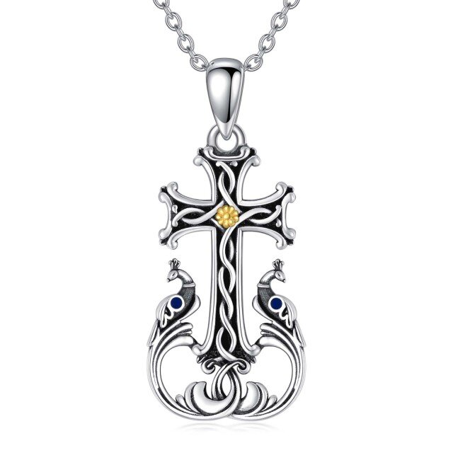 Sterling Silver Tri-tone Peacock & Cross Pendant Necklace-1