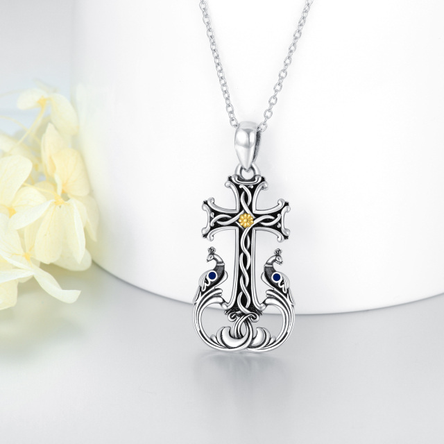 Collier en argent sterling avec pendentif paon et croix en trois tons-2