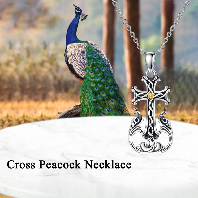 Sterling Silver Tri-tone Peacock & Cross Pendant Necklace-6