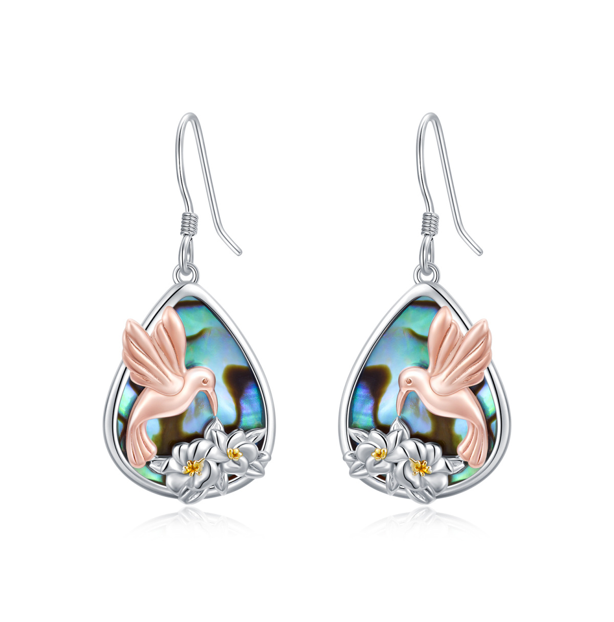 Sterling Silver Tri-tone Pear Shaped Abalone Shellfish Hummingbird Drop Earrings-1