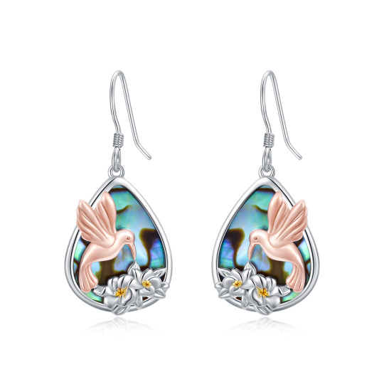 Sterling Silver Tri-tone Pear Shaped Abalone Shellfish Hummingbird Drop Earrings-5