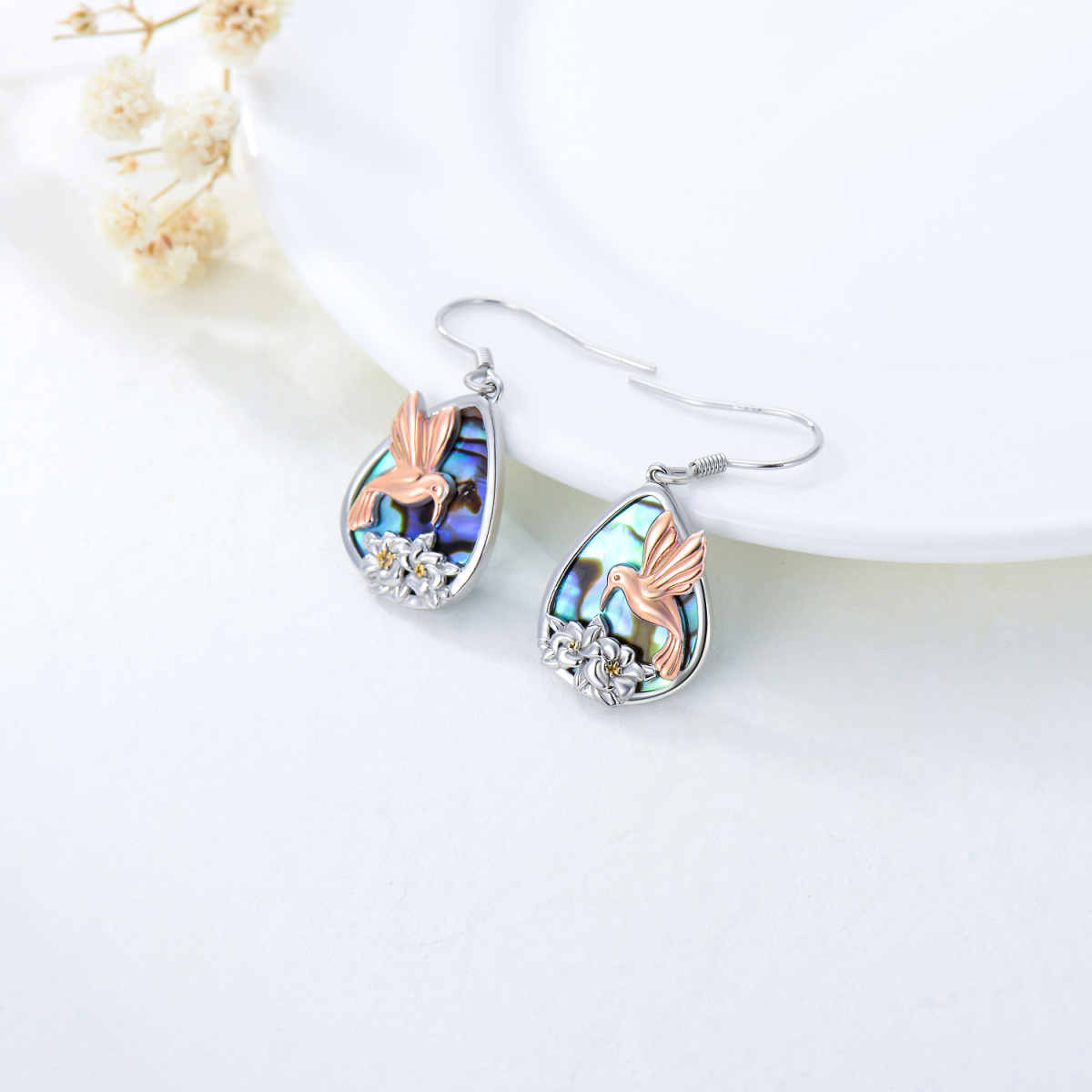 Sterling Silver Tri-tone Pear Shaped Abalone Shellfish Hummingbird Drop Earrings-3