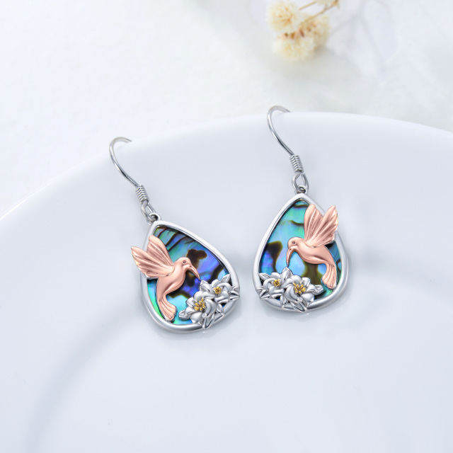 Sterling Silver Tri-tone Pear Shaped Abalone Shellfish Hummingbird Drop Earrings-4