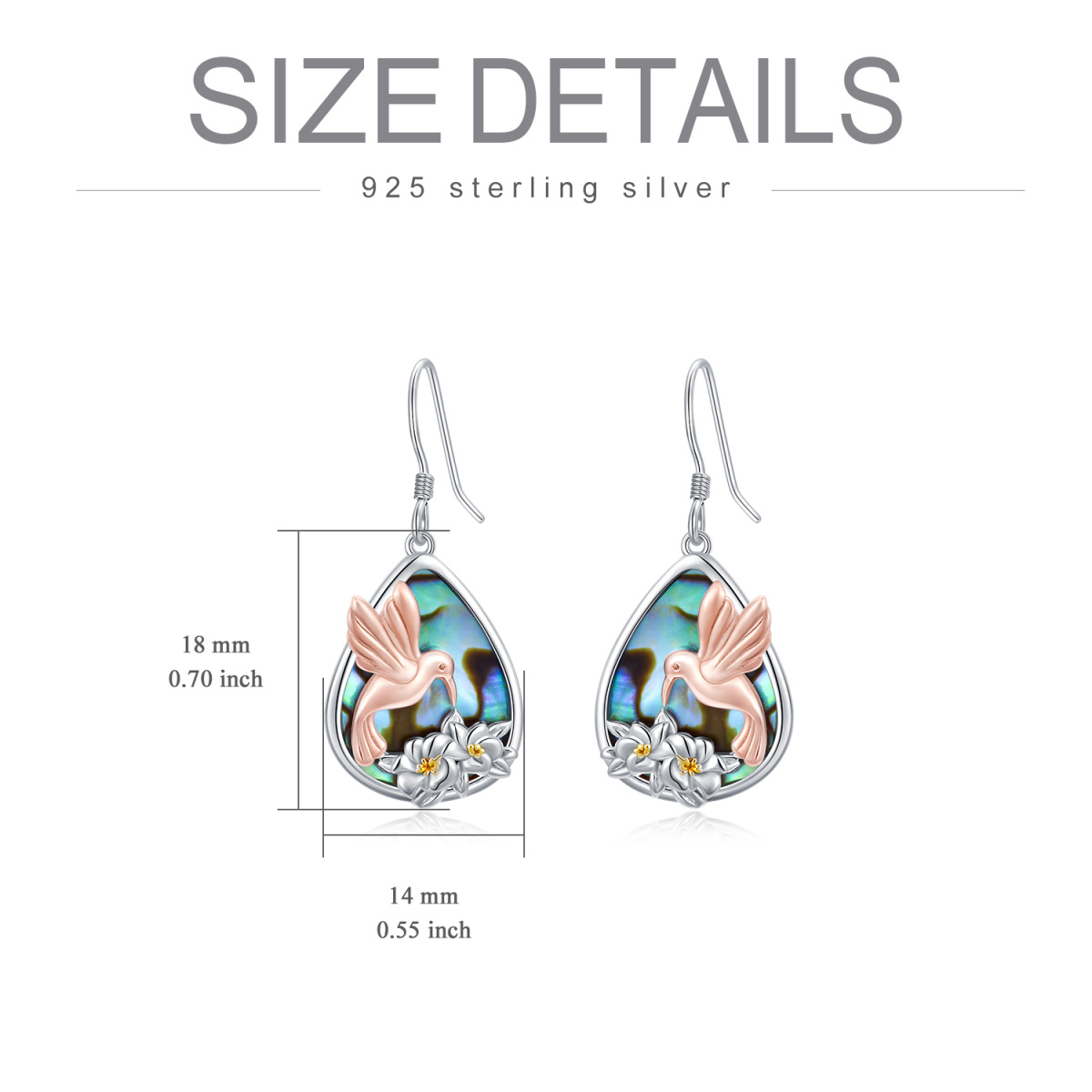 Sterling Silver Tri-tone Pear Shaped Abalone Shellfish Hummingbird Drop Earrings-5