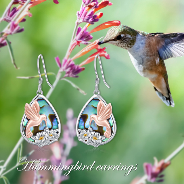 Sterling Silver Tri-tone Pear Shaped Abalone Shellfish Hummingbird Drop Earrings-6