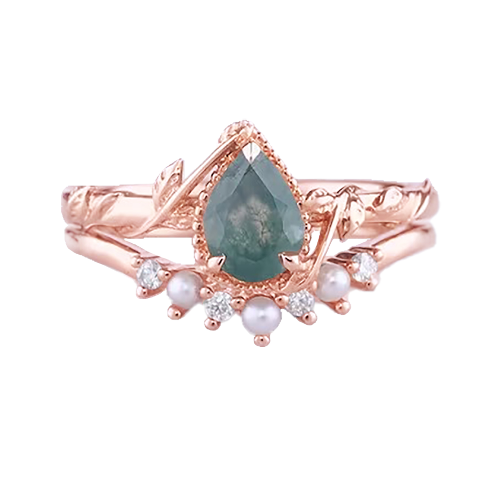 Sterling Silver Tri-tone Pearl & Moss Agate Oval Shaped Ring-1