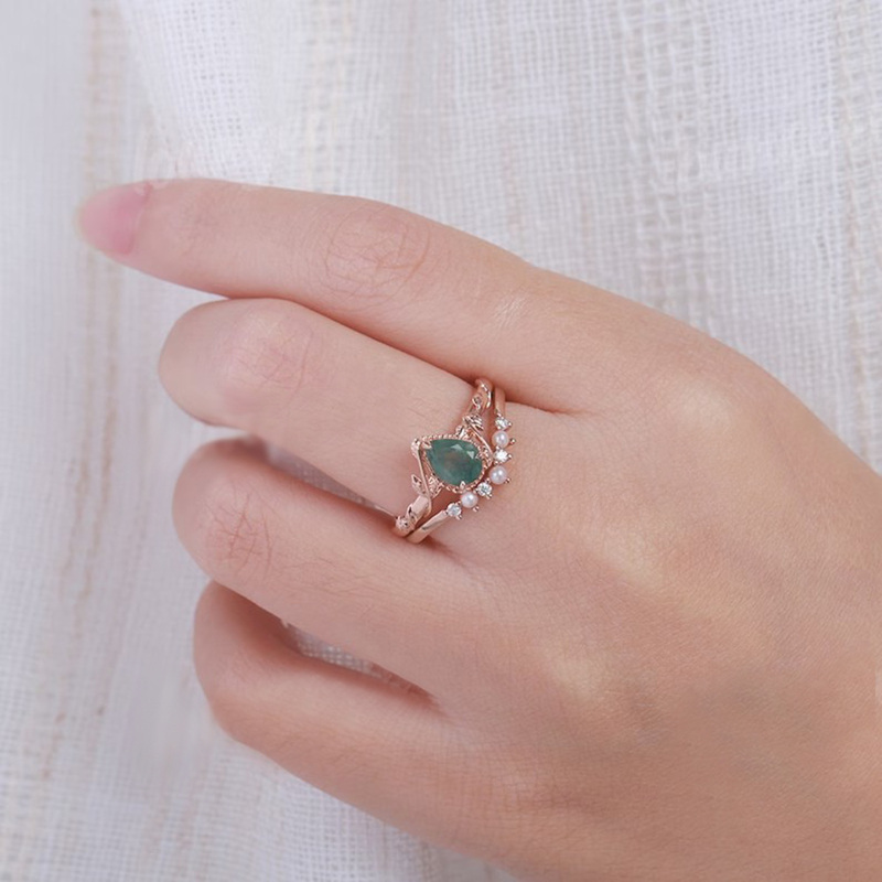 Sterling Silver Tri-tone Pearl & Moss Agate Oval Shaped Ring-2