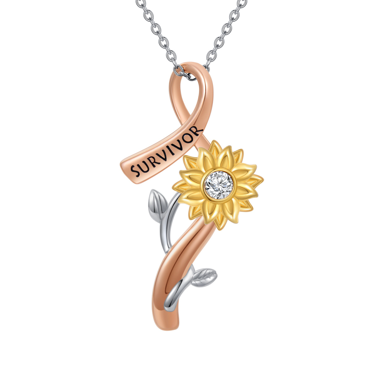 Sterling Silver Tri-tone Round Crystal Sunflower & Breast Cancer Pendant Necklace-1