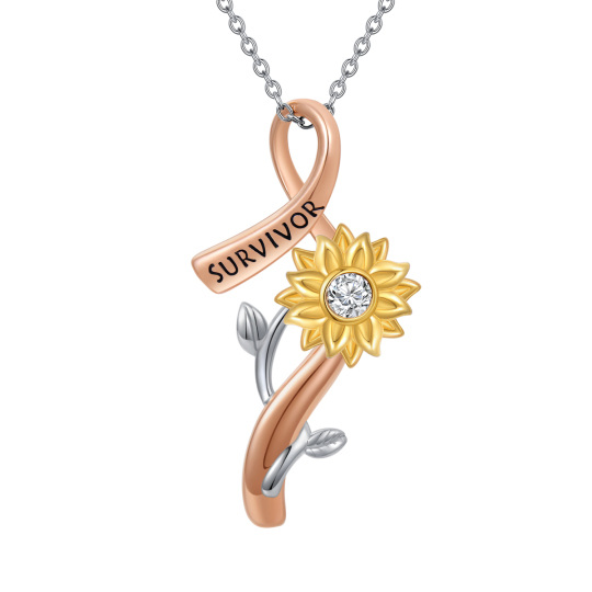 Sterling Silver Tri-tone Round Crystal Sunflower & Breast Cancer Pendant Necklace