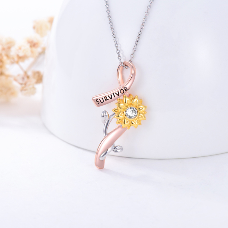 Sterling Silver Tri-tone Round Crystal Sunflower & Breast Cancer Pendant Necklace-5