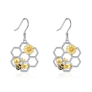 Sterling Silver Tri-tone Round Cubic Zirconia Sunflower Drop Earrings-5