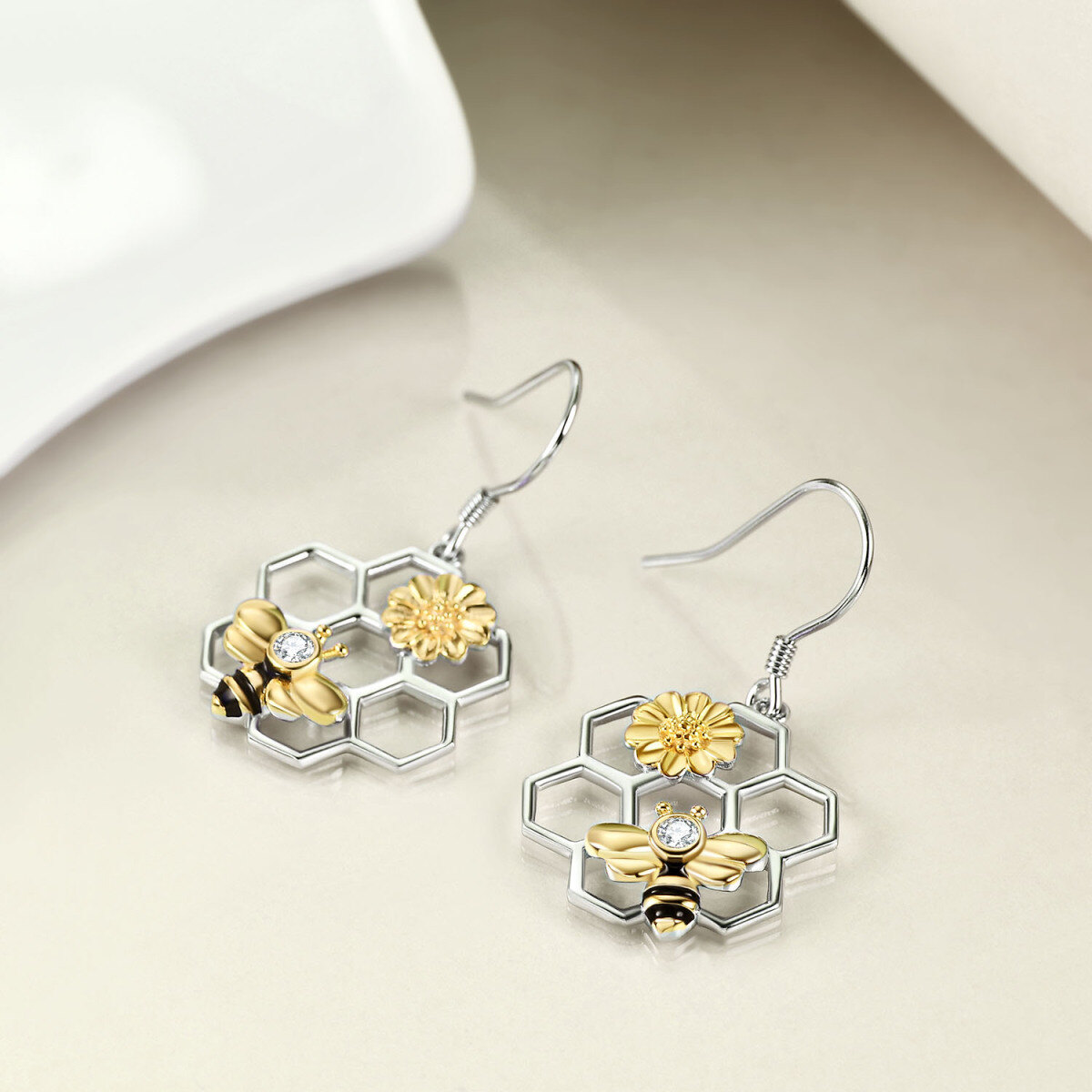 Sterling Silver Tri-tone Round Cubic Zirconia Sunflower Drop Earrings-3