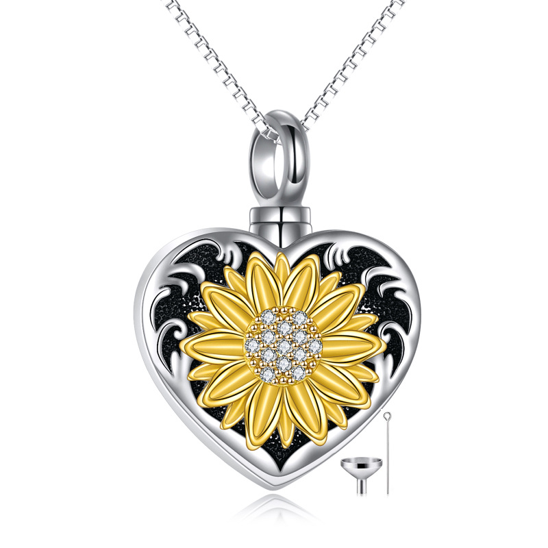 Sterling Silver Tri-tone Round Zircon Sunflower & Heart Urn Necklace for Ashes-3
