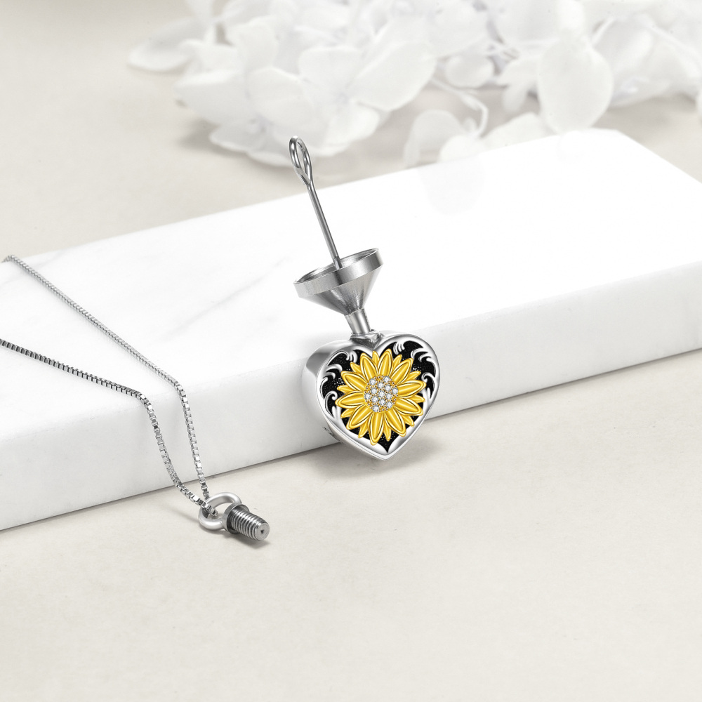 Sterling Silver Tri-tone Round Zircon Sunflower & Heart Urn Necklace for Ashes-3