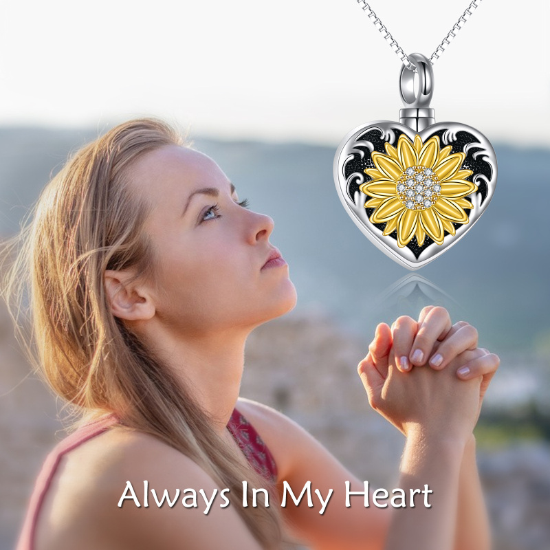 Collana con ornamento per le ceneri in argento sterling con girasole e cuore in zirconi rotondi-6