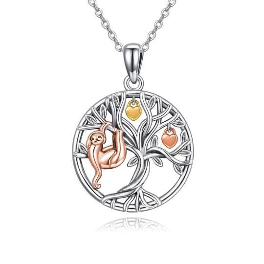 Sterling Silver Tri-tone Sloth & Tree Of Life & Heart Pendant Necklace