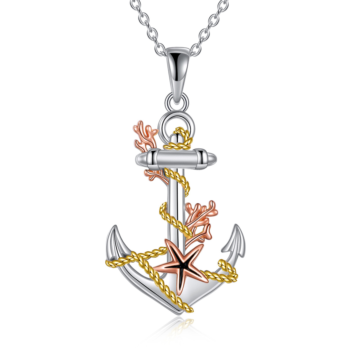 Collier en argent sterling avec pendentif étoile de mer et ancre tricolore-1