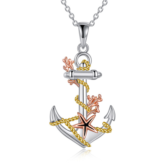 Sterling Silver Tri-tone Starfish & Anchor Pendant Necklace-3