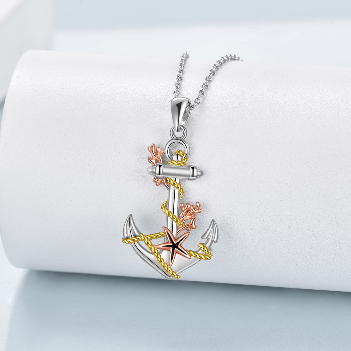 Sterling Silver Tri-tone Starfish & Anchor Pendant Necklace-3