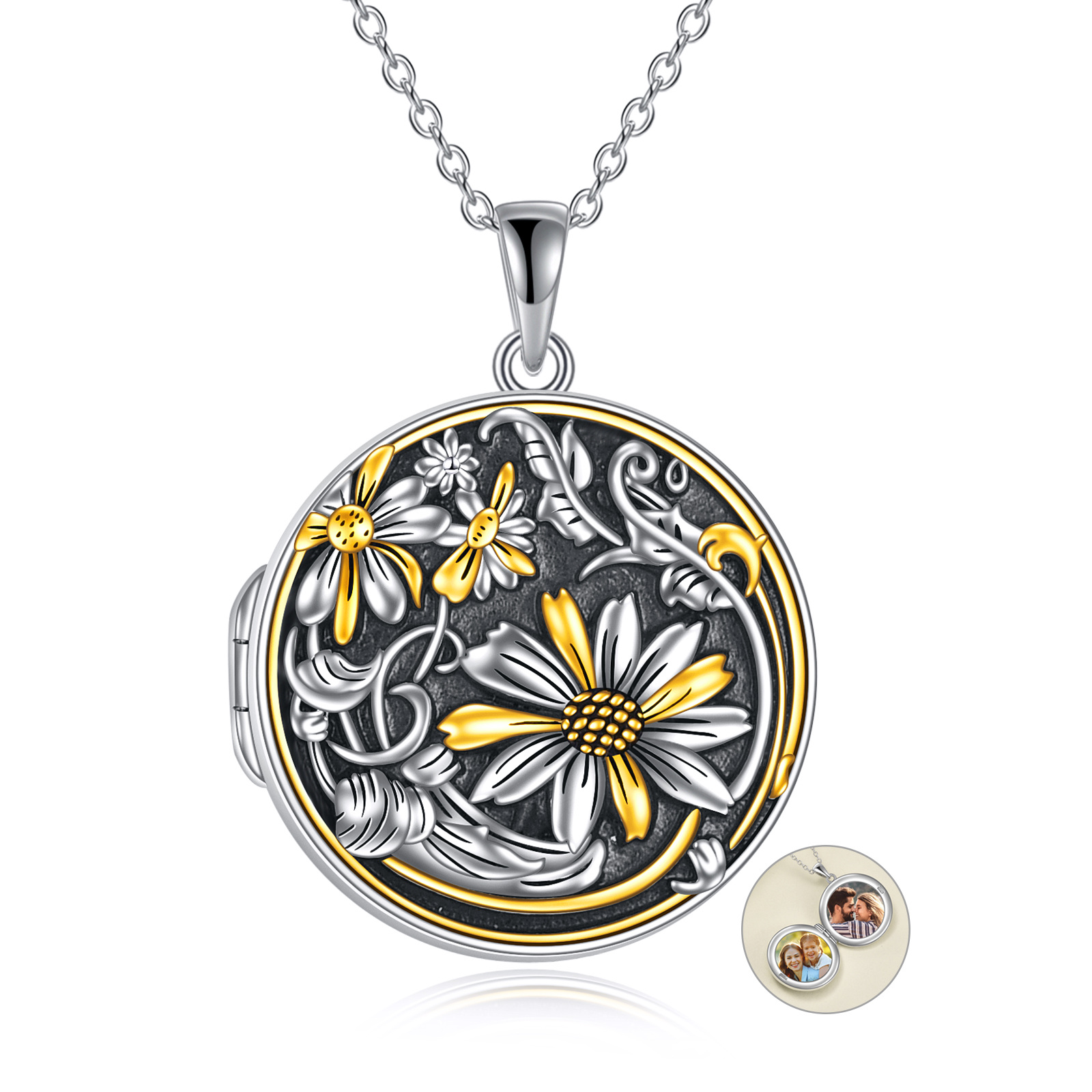 Image of Sterling Silver Tri-tone Sunflower Personalized Photo Locket Necklace