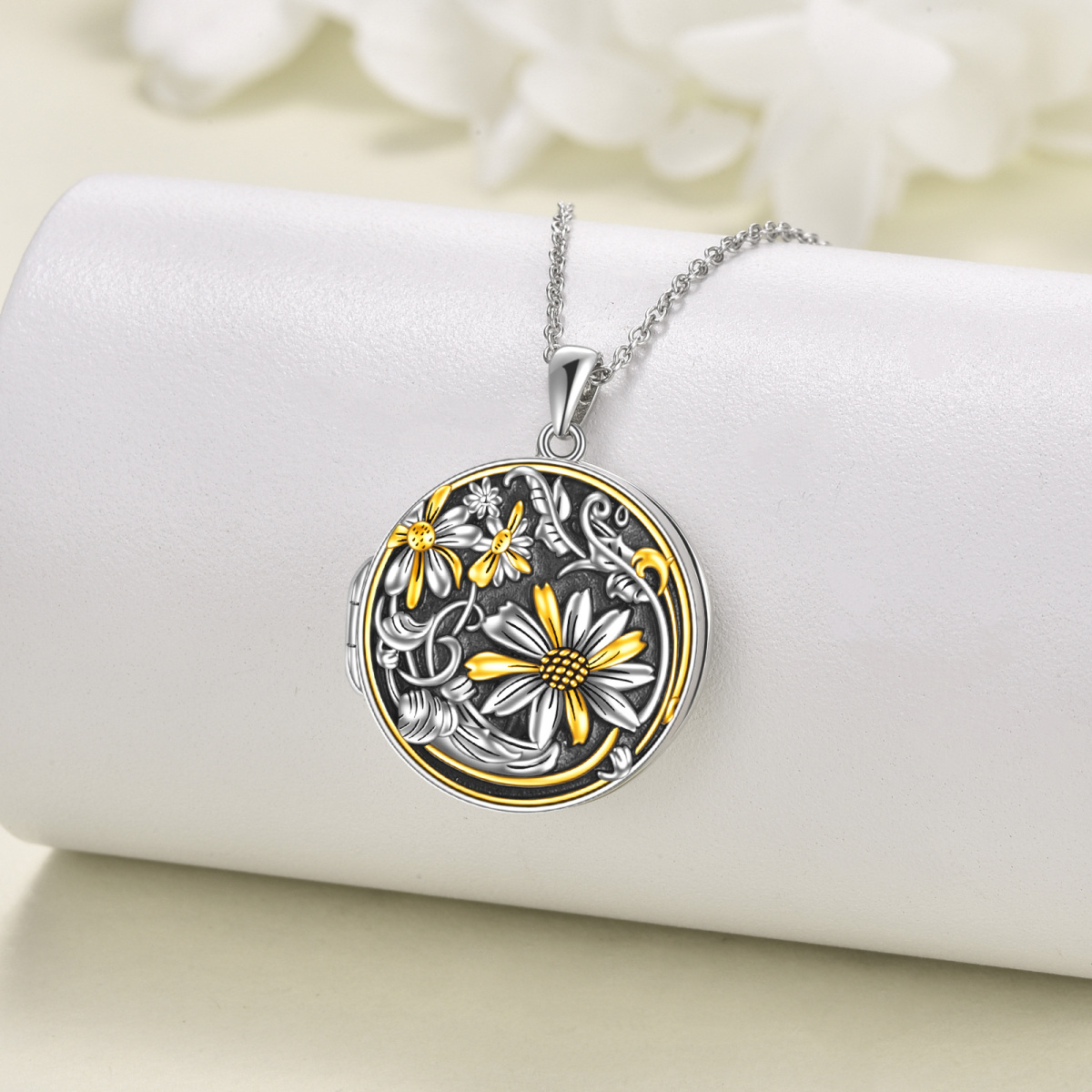 Sterling Silver Tri-tone Sunflower Personalized Photo Locket Necklace-3