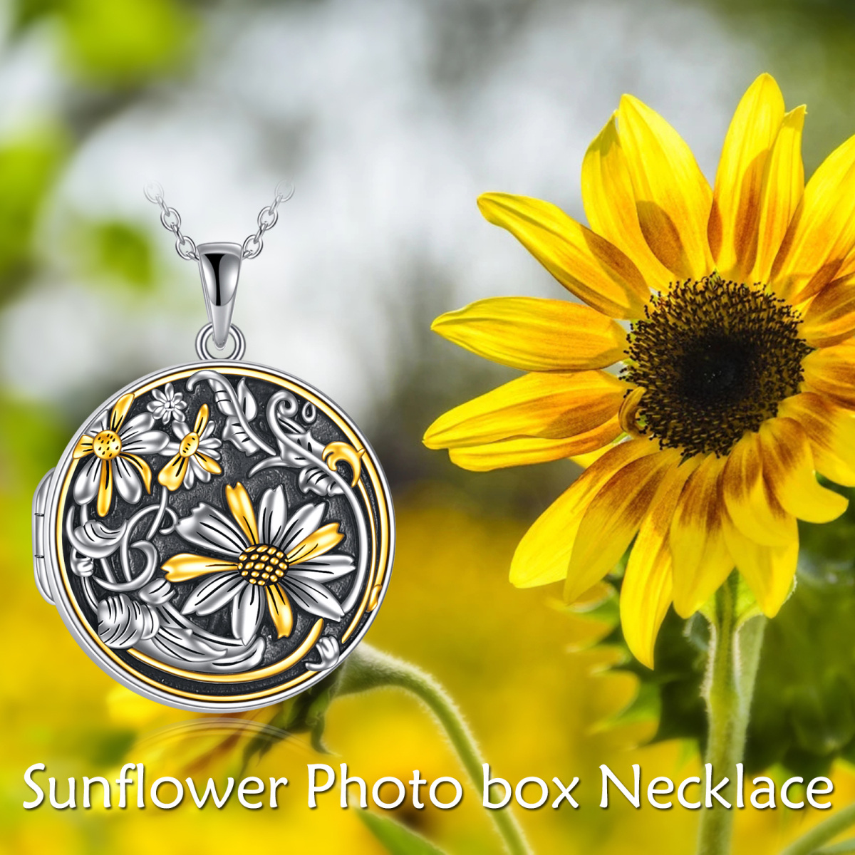 Sterling Silber Dreifarbig Sonnenblume Personalisierte Foto Medaillon Halskette-5