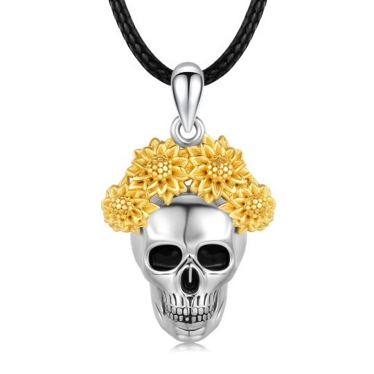 Collier en argent sterling avec pendentif tournesol et tête de mort en trois tons