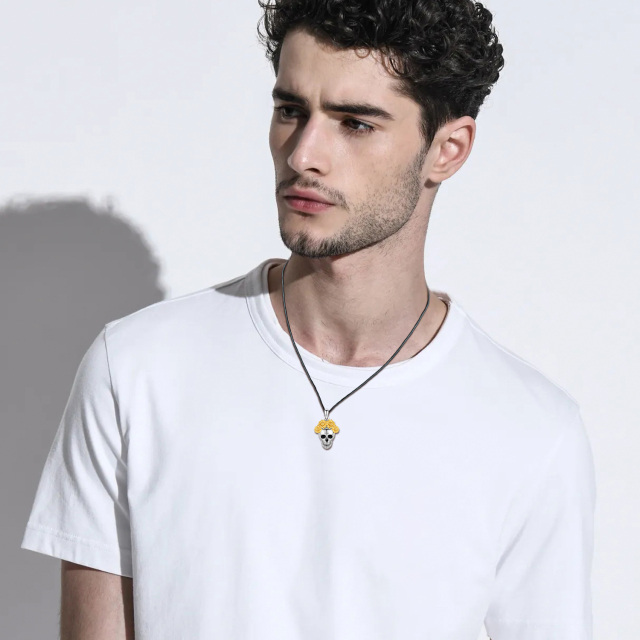 Collier en argent sterling avec pendentif tournesol et tête de mort en trois tons-2