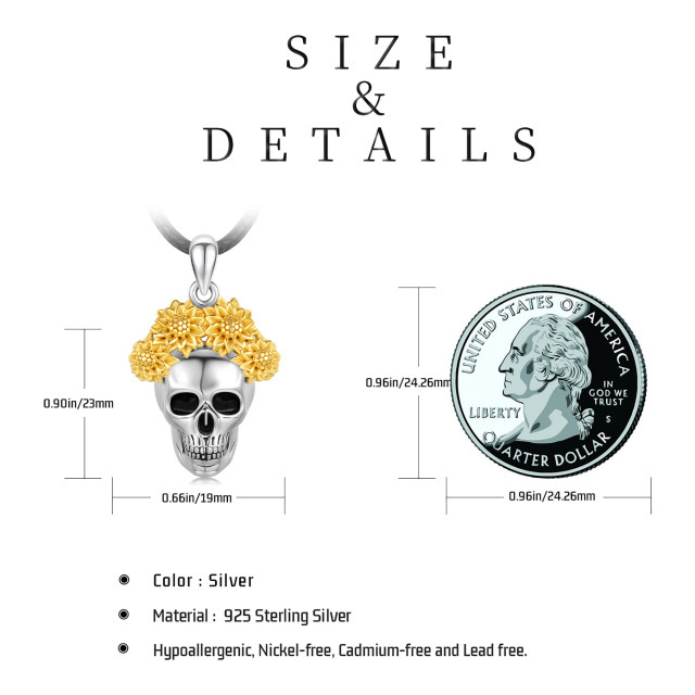 Sterling Silber Dreifarbige Sonnenblume & Totenkopf Anhänger Halskette-6