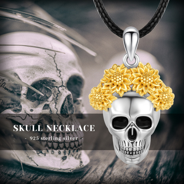 Sterling Silber Dreifarbige Sonnenblume & Totenkopf Anhänger Halskette-7