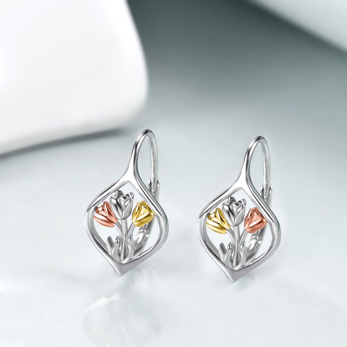 Sterling Silver Tri-tone Tulip Drop Earrings-3