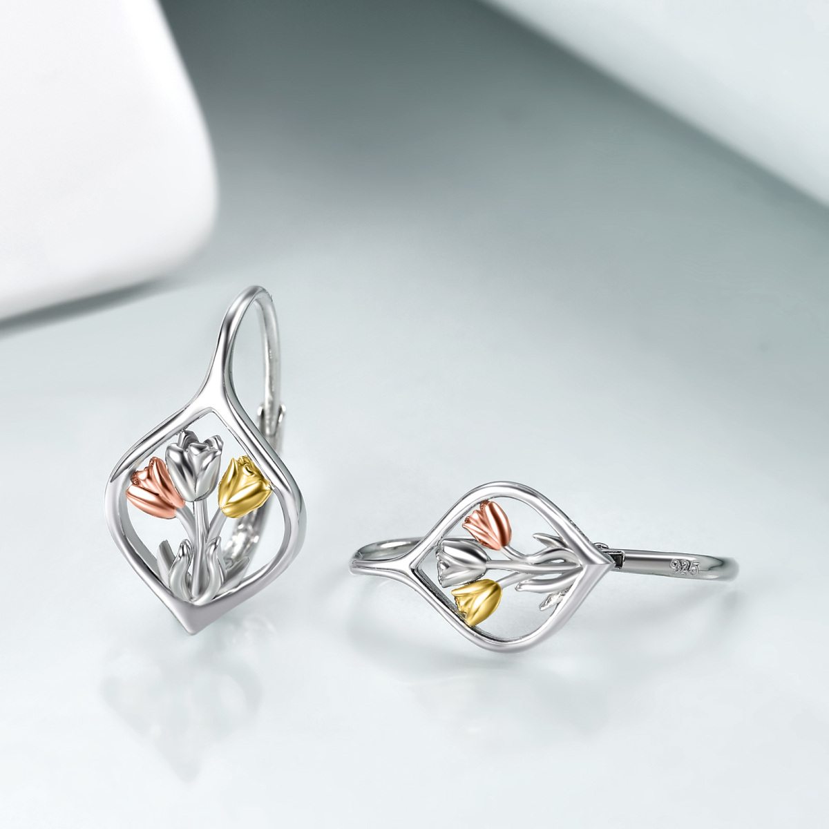 Sterling Silver Tri-tone Tulip Drop Earrings-4