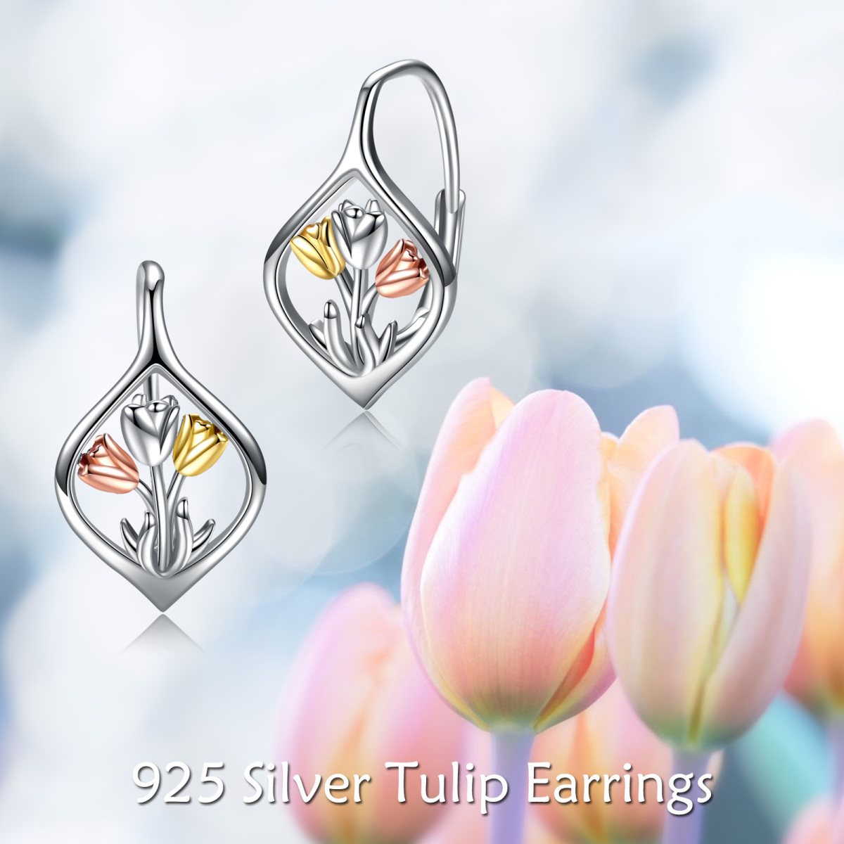 Sterling Silver Tri-tone Tulip Drop Earrings-6