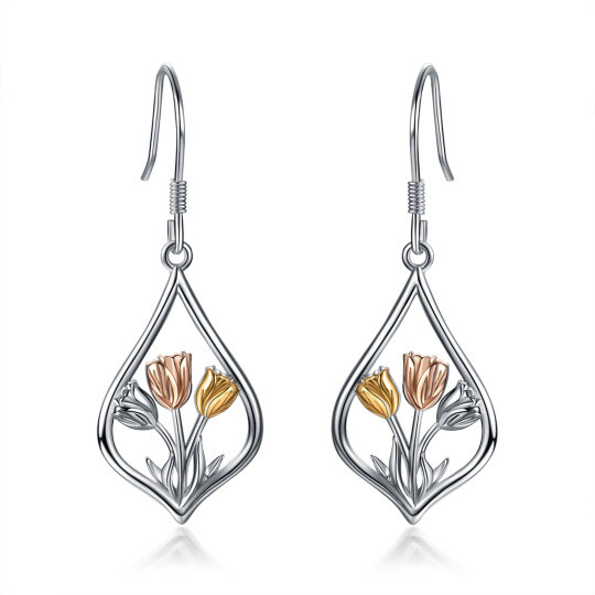 Sterling Silver Tri-tone Tulip Drop Earrings