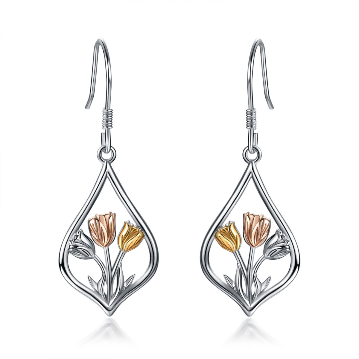 Sterling Silver Tri-tone Tulip Drop Earrings-2