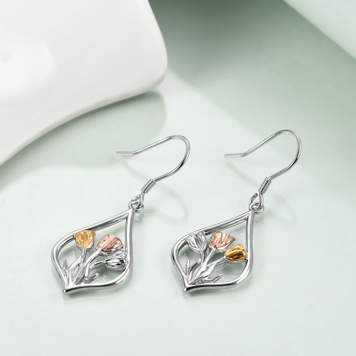 Sterling Silver Tri-tone Tulip Drop Earrings-4