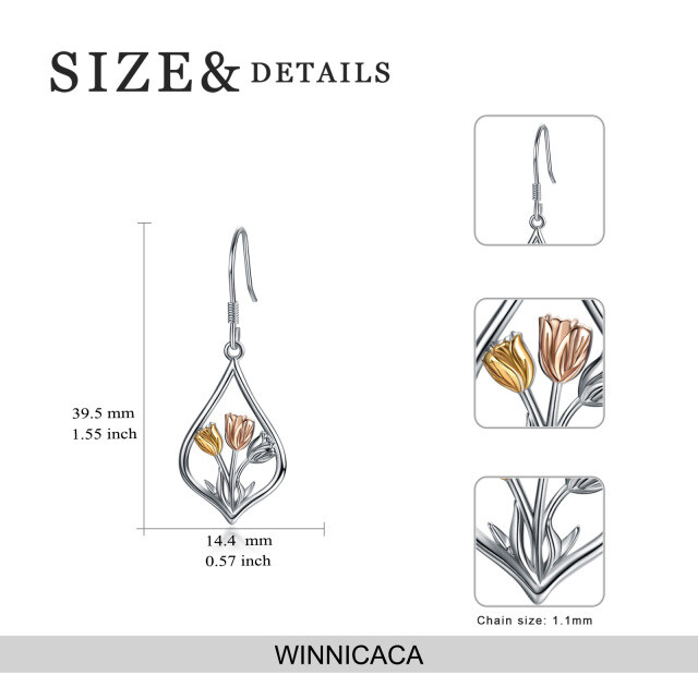 Sterling Silver Tri-tone Tulip Drop Earrings-5