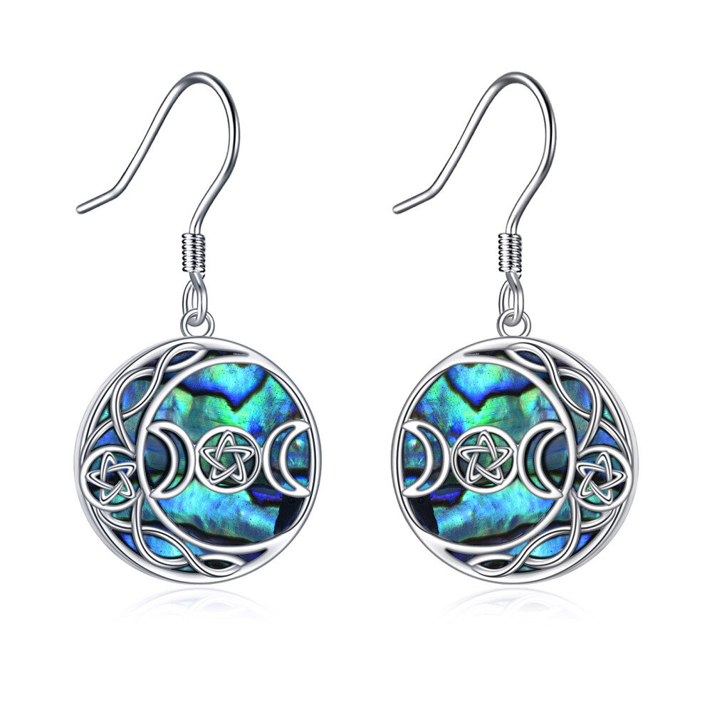 Sterling Silver Circular Shaped Abalone Shellfish Celtic Spiral Knot & Moon & Star Of David Drop Earrings-1