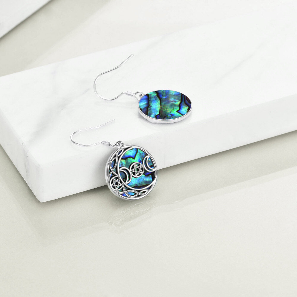 Sterling Silver Circular Shaped Abalone Shellfish Celtic Spiral Knot & Moon & Star Of David Drop Earrings-3