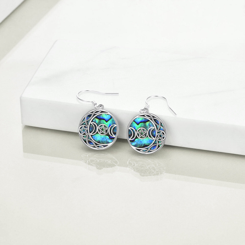 Sterling Silver Circular Shaped Abalone Shellfish Celtic Spiral Knot & Moon & Star Of David Drop Earrings-4