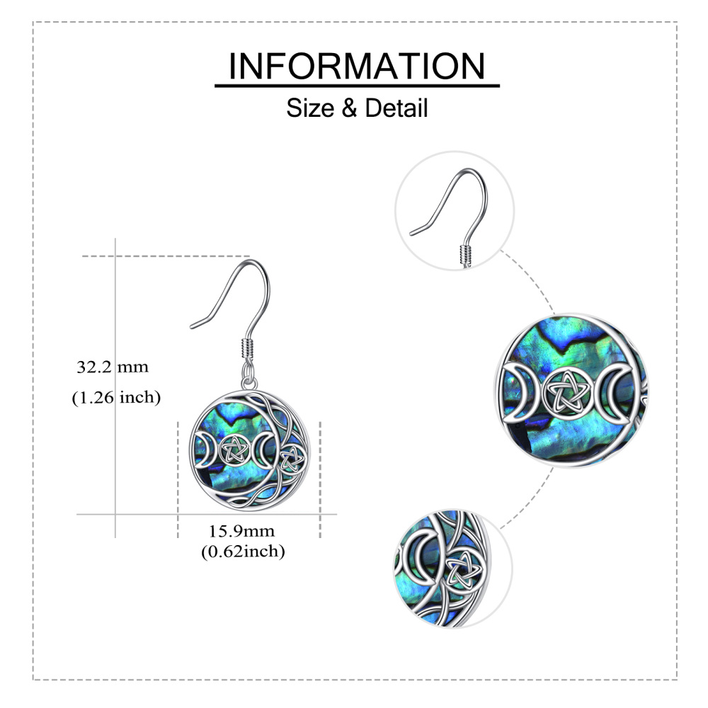 Sterling Silver Circular Shaped Abalone Shellfish Celtic Spiral Knot & Moon & Star Of David Drop Earrings-5