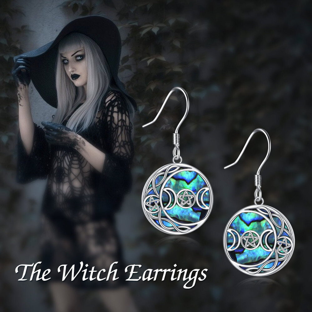 Sterling Silver Circular Shaped Abalone Shellfish Celtic Spiral Knot & Moon & Star Of David Drop Earrings-6