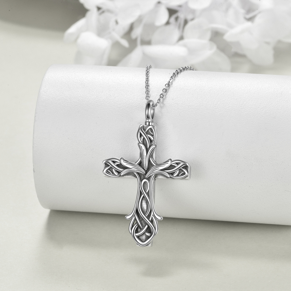 Sterling Silver Tulip & Cross Urn Necklace for Ashes-3