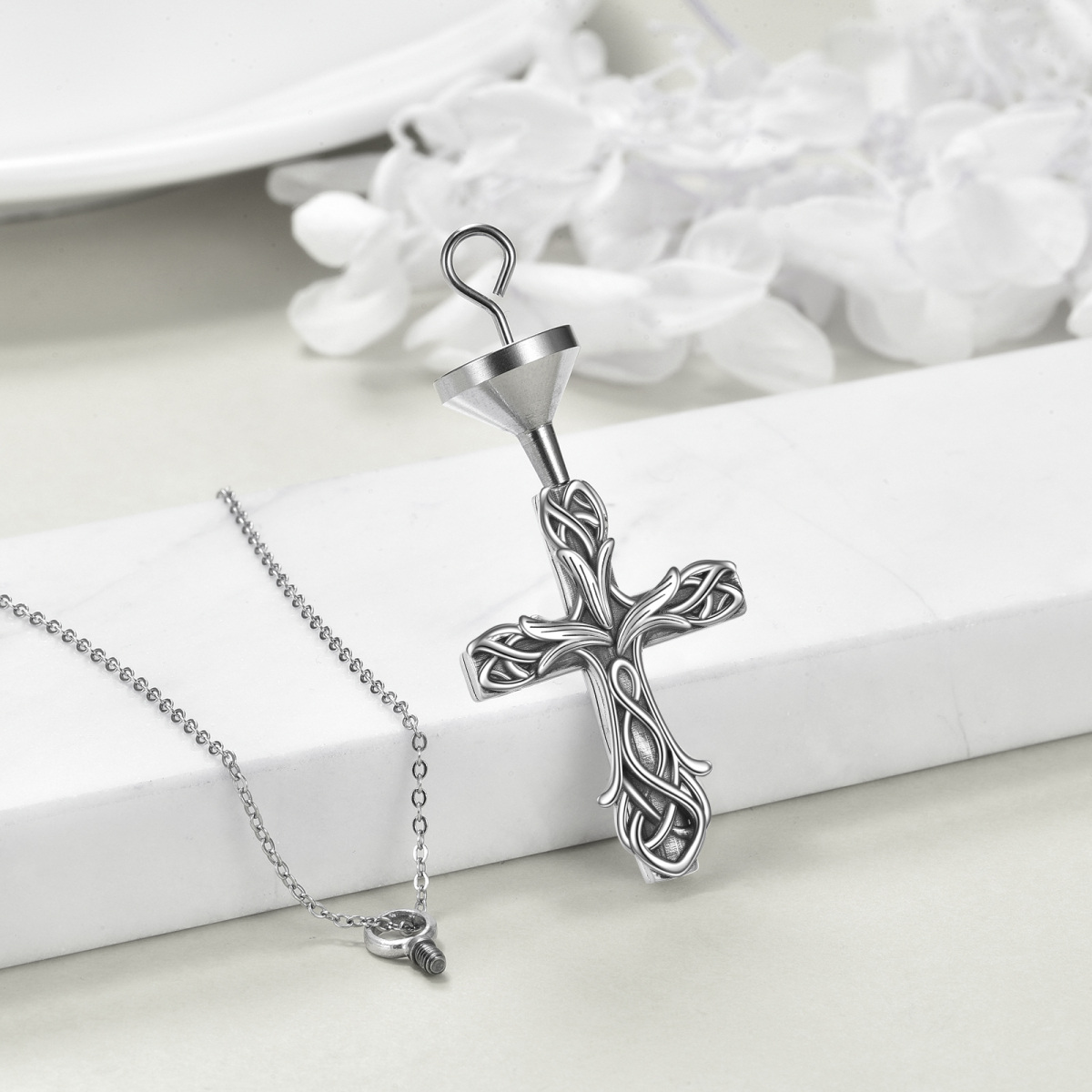 Sterling Silver Tulip & Cross Urn Necklace for Ashes-4