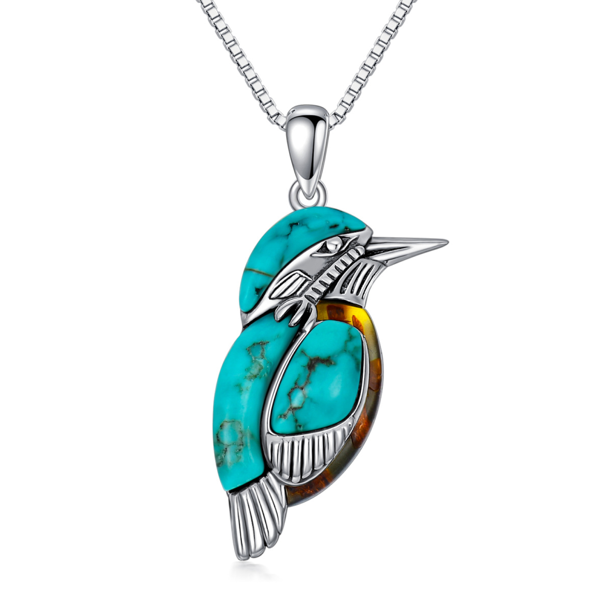 Collier pendentif oiseau en argent sterling avec turquoise et ambre pour femme-1