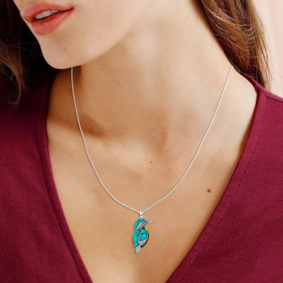 Collier pendentif oiseau en argent sterling avec turquoise et ambre pour femme-2