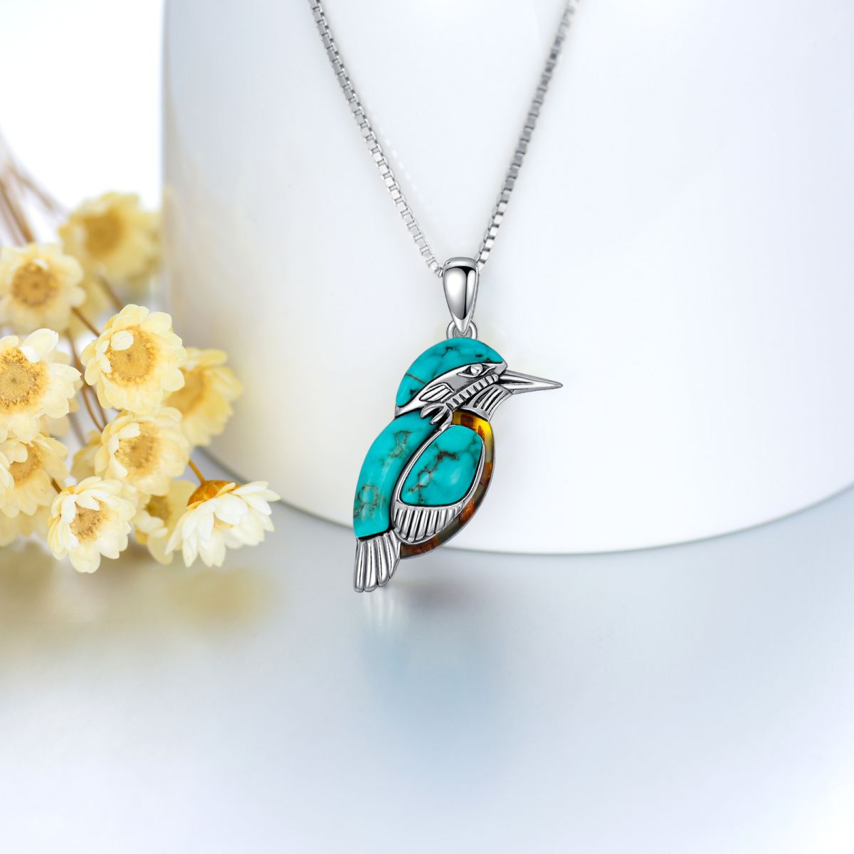 Sterling Silver Turquoise Amber Bird Pendant Necklace for Women-4