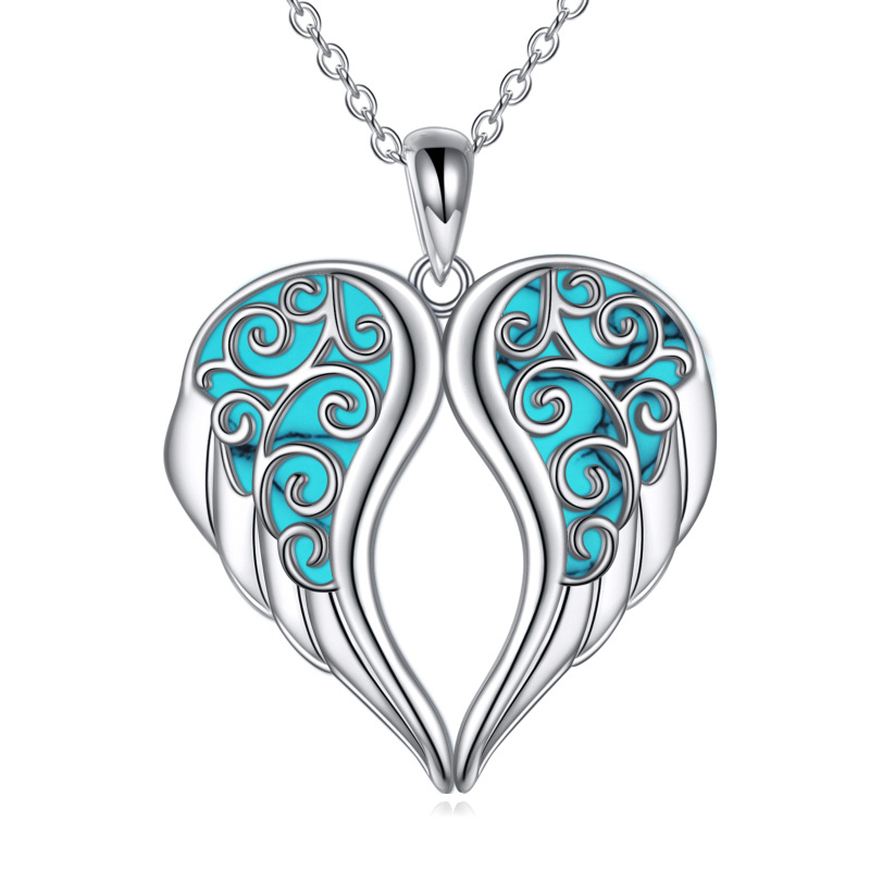 Sterling Silver Turquoise Angel Wing Pendant Necklace-17