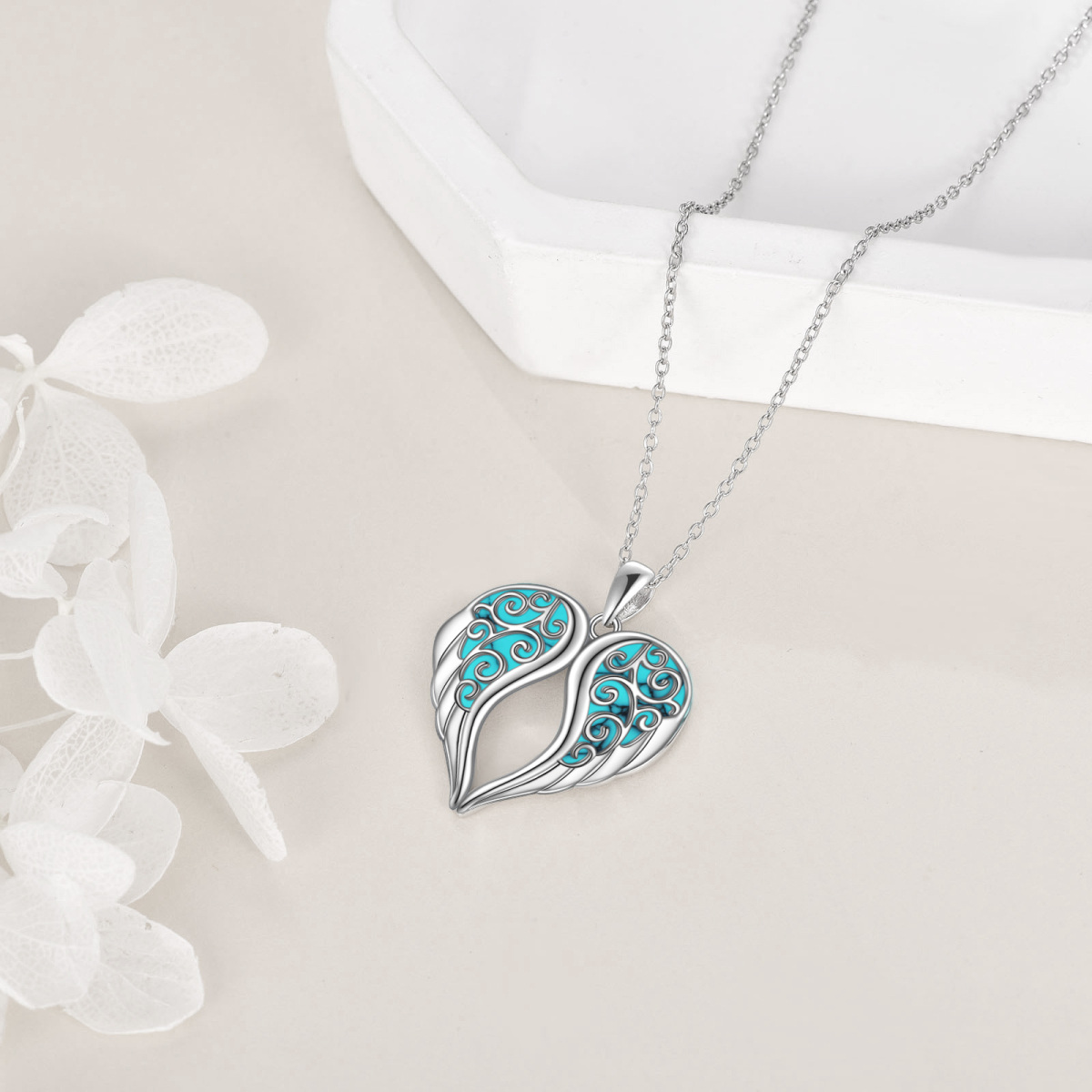 Sterling Silver Turquoise Angel Wing Pendant Necklace-4