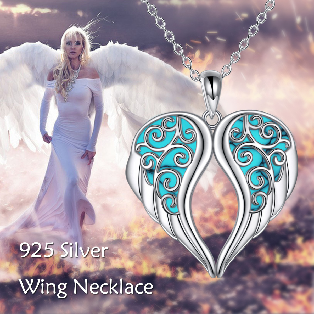 Sterling Silver Turquoise Angel Wing Pendant Necklace-6